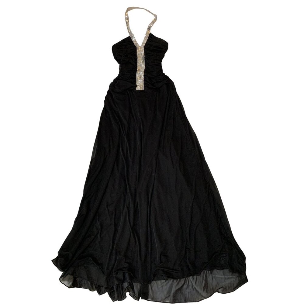 B Smart Sz 9/10 Formal Black Maxi Dress Silver Sequin Halter Ruched Y2K 8836
